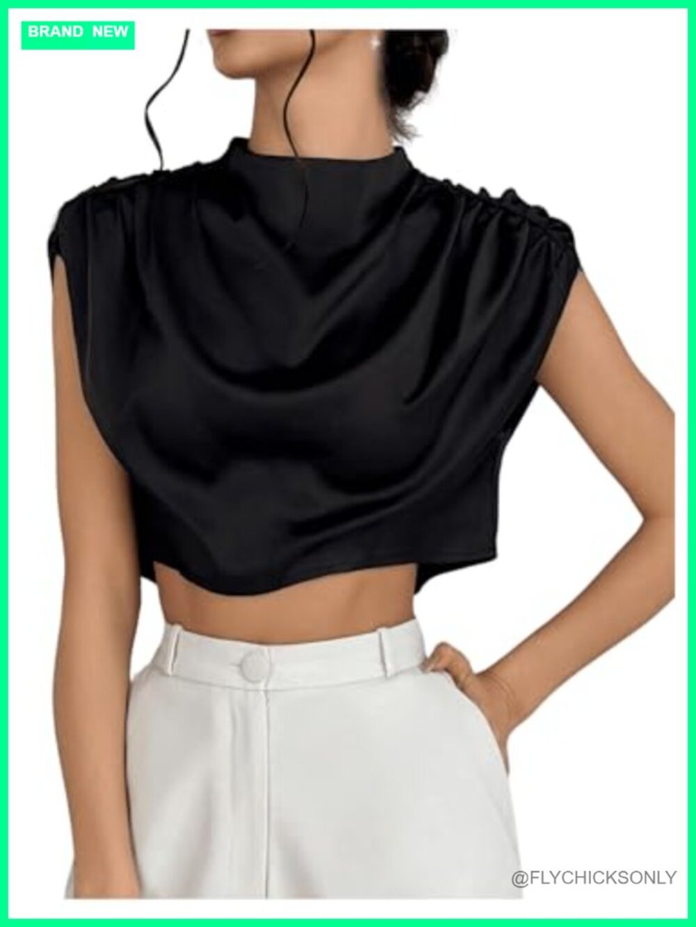 Satin Crop Top Ruched Mock Neck Cap Sleeve Work Blouse